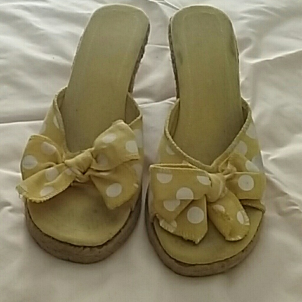 Yellow with white polka dots, wedge heel